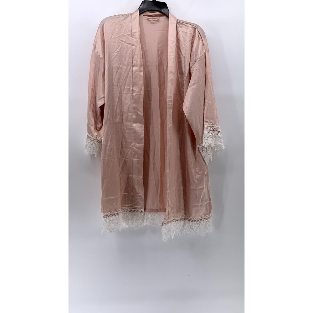 SAIRA Women's Dusty Rose Satin Embroidered Lace-Trim Belted Sleepwear Robe SZ OS